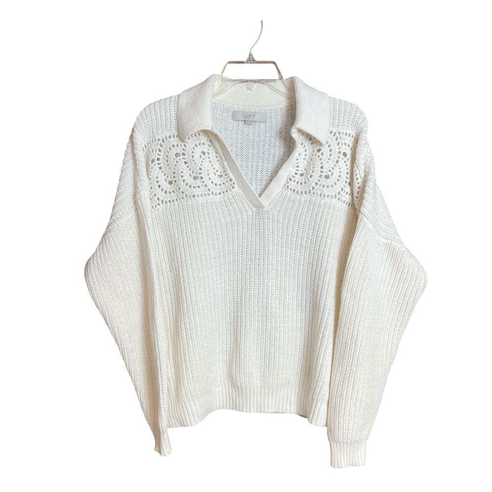 LOFT crochet yoke polo collar off white sweater XL